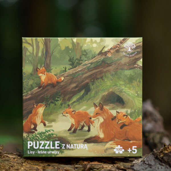 Puzzle z przyrodą, naturą, lasem i leśnymi zwierzętami. Na ilustracji leśna scena z młodymi lisami i lisicą.