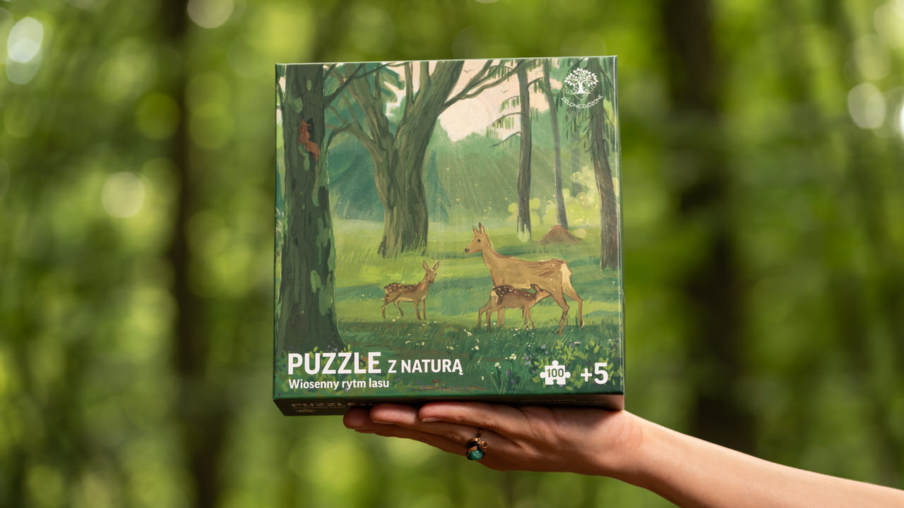 Puzzle z polską przyrodą, ilustrowane przez polską artystkę, z motywem wiosennego lasu oraz ze zwierzętami sarną europejską, dzięciołem zielonym, ryjówką aksamitną oraz wiewiórką pospolitą. W tle kopiec mrówek.
