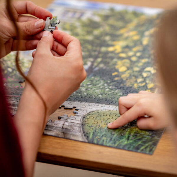 Puzzle z miastem, przyrodą, ptakami i florą miejską. Układanie puzzli, dopasowywanie elementów. Wspólny czas z dzieckiem.