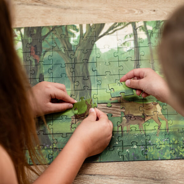 Puzzle z polską przyrodą. Na ilustracji polski las, w wiosennej aurze. Kwitną czarne bzy i rosną czarna jagody. Na ilustracji sarna europejska opiekuje się swoimi koźlętami.