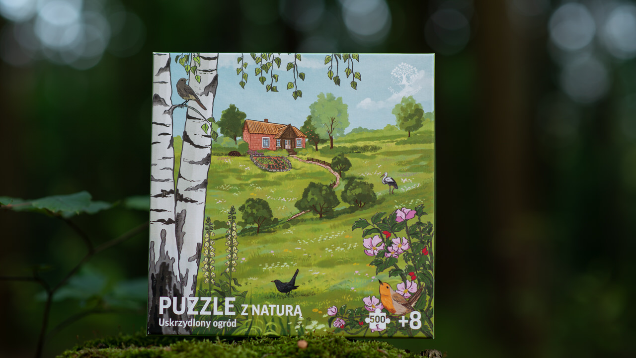 Puzzle z florą i fauną z Polski, Przyroda na wsi, naturalny ogród, bioróżnorodność i rodzime gatunki. Brzoza brodawkowata, łąka kwietna z koniczyną, dzika róża oraz ptaki.