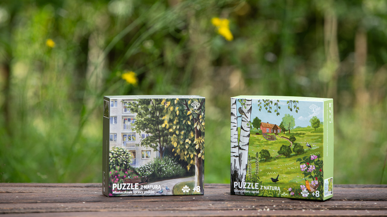Puzzle z przyrodą, dla dzieci i dorosłych. Polski krajobraz wsi oraz polskie miasto z fauną i florą na ilustracjach. Ptaki w Polsce na puzzlach.