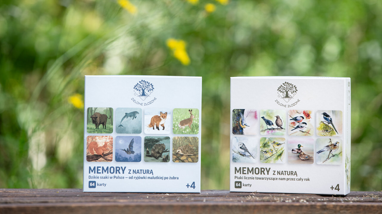 Gra memory dla miłośników przyrody, ptaków i dzikich ssaków. Ilustrowane karty pełne wiedzy o ptakach i dzikich ssakach, żyjących w wodzie, w lesie, na łąkach.