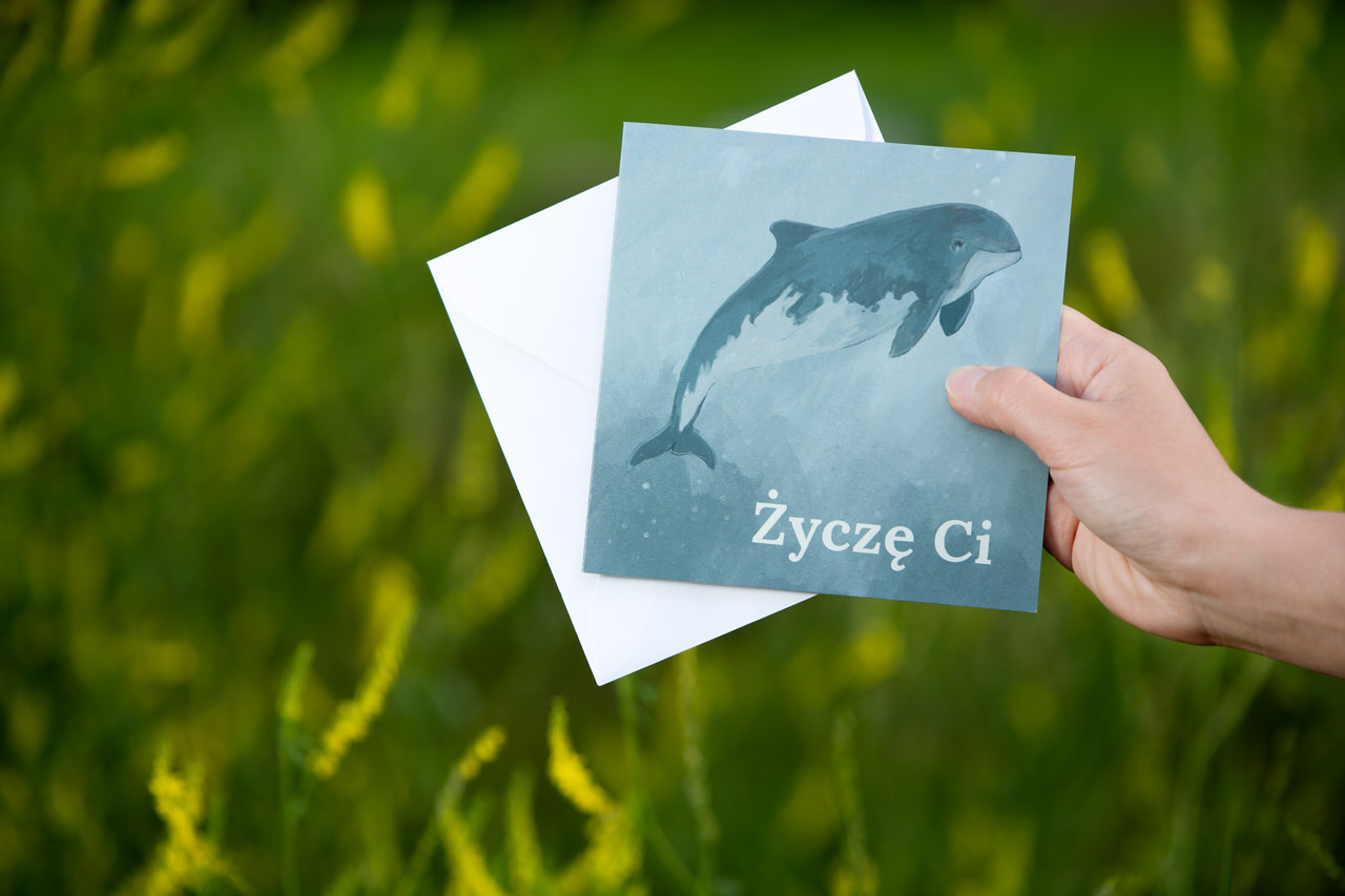 Kartka okolicznościowa z białą kopertą, z motywem morza, morświna zwyczajnego.