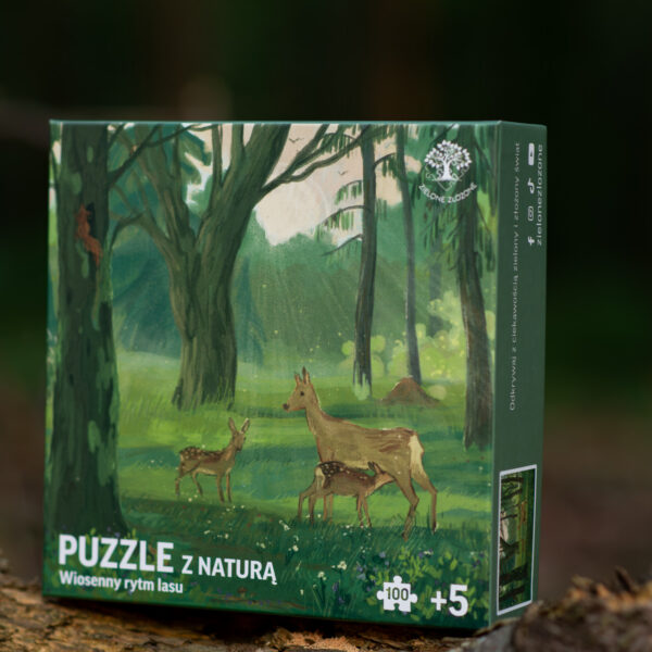 Puzzle przyrodnicze, edukacyjne, kreatywne, ekologiczne, dla dzieci lub seniorów. Puzzle 100 elementowe z motywem przyrody, lasu, wiosennej aury, gdy rodzą się młode sarny, najczęściej bliźniaki.