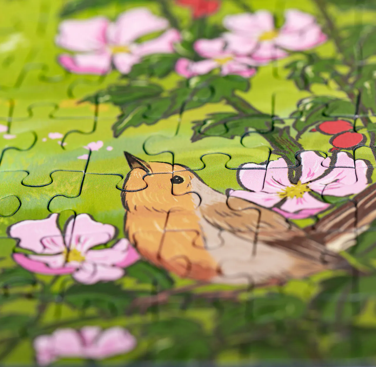 Puzzle Zielone Złożone to jakość premium, ekologiczny druk, roślinne farby, certyfikat FSC. Puzzle z ilustracją rudzika i kwiatów dzikiej róży.