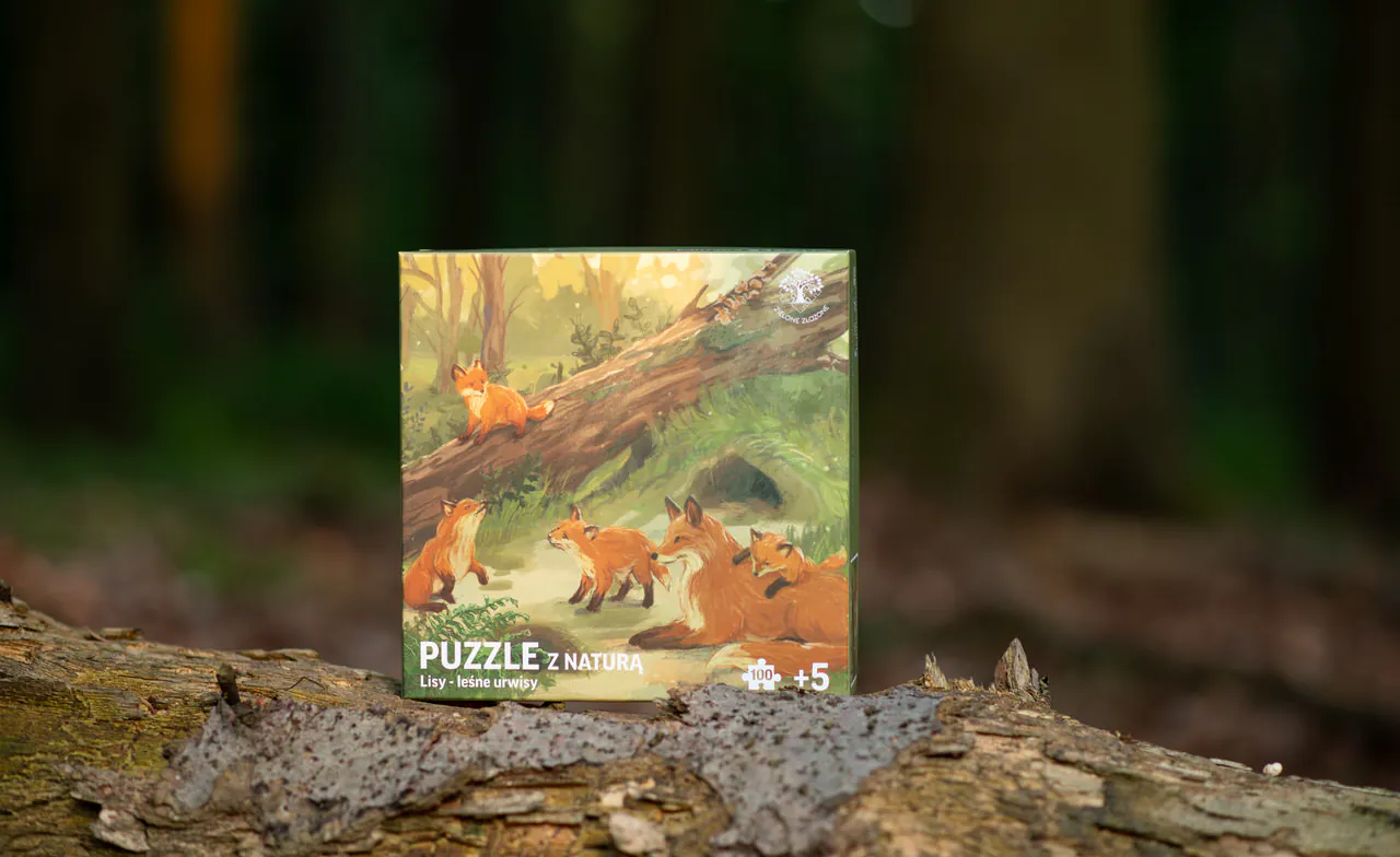 Puzzle przyrodnicze, edukacyjne 100 elementowe, dla dzieci, z motywem lasu, leśnymi zwierzętami. Na ilustracji puzzli lisia rodzina, mama i młode szczęnięta.