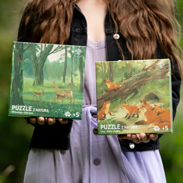 Zestaw puzzli przyrodniczych, o polskim lesie, o leśnych zwierzętach, o sarnach, lisach, wiewiórkach i leśnych ptakach.