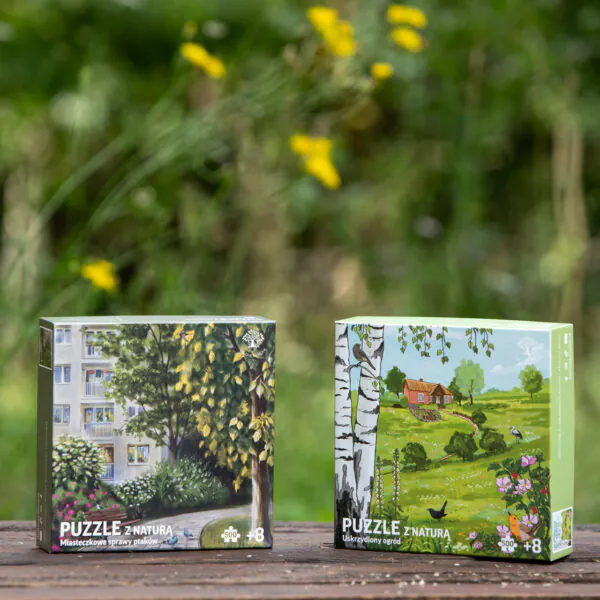 Puzzle botaniczne, z ogrodem, ptakami, kwiatami, roślinnością charakterystyczną dla miast i wsi w Polsce. Puzzle z miastem, miejską zielenią, ptakami, ławkami, blokami oraz puzzle z krajobrazem wsi, tradycyjnym domem, ogrodem, sadem, łąką kwietną i ptakami.